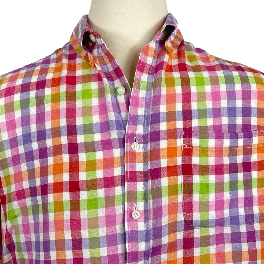 Men’s Alan Flusser‎ Multicolored Plaid Linen/Cotton Blend Button Down Large 0110